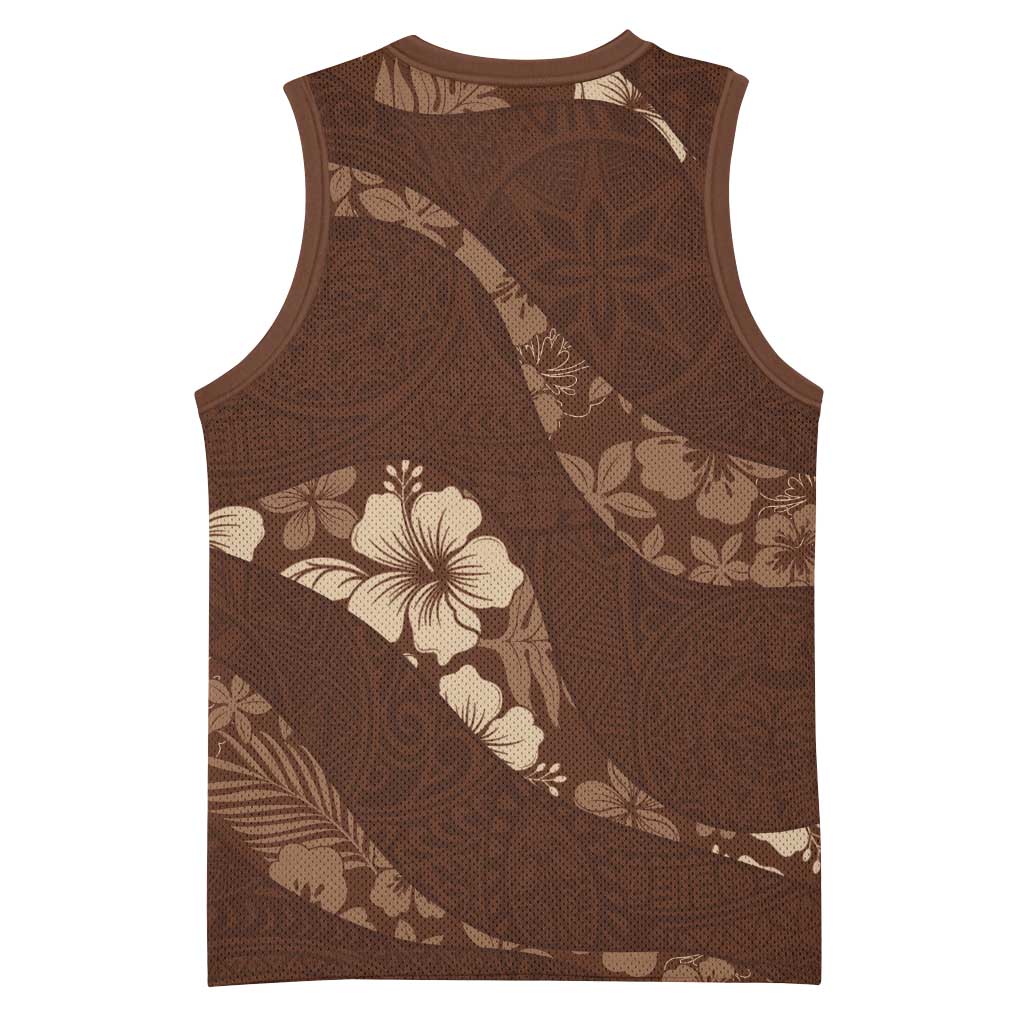 Aloha Hawaii Floral Tapa Basketball Jersey Patchwork Mocha LT7 - Polynesian Pride