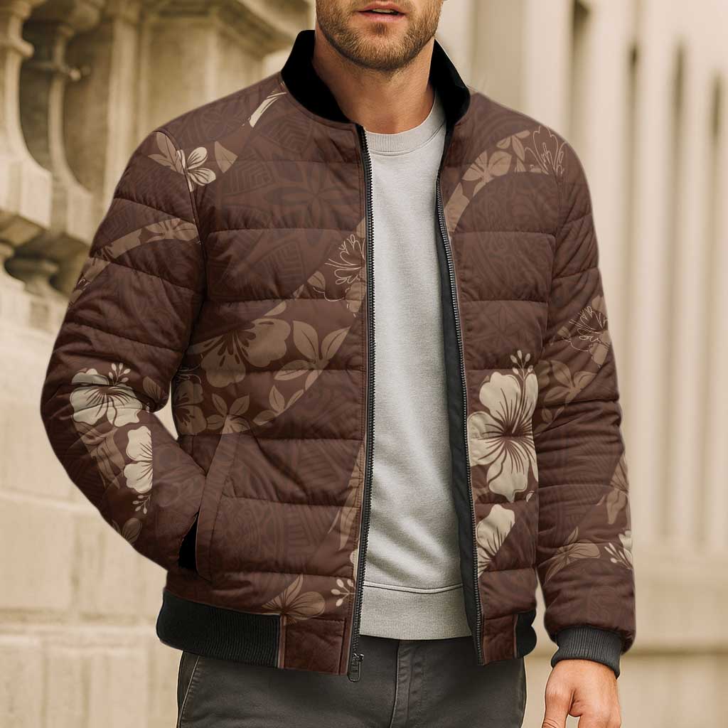Aloha Hawaii Floral Tapa Bomber Puffer Jacket Patchwork Mocha - Polynesian Pride
