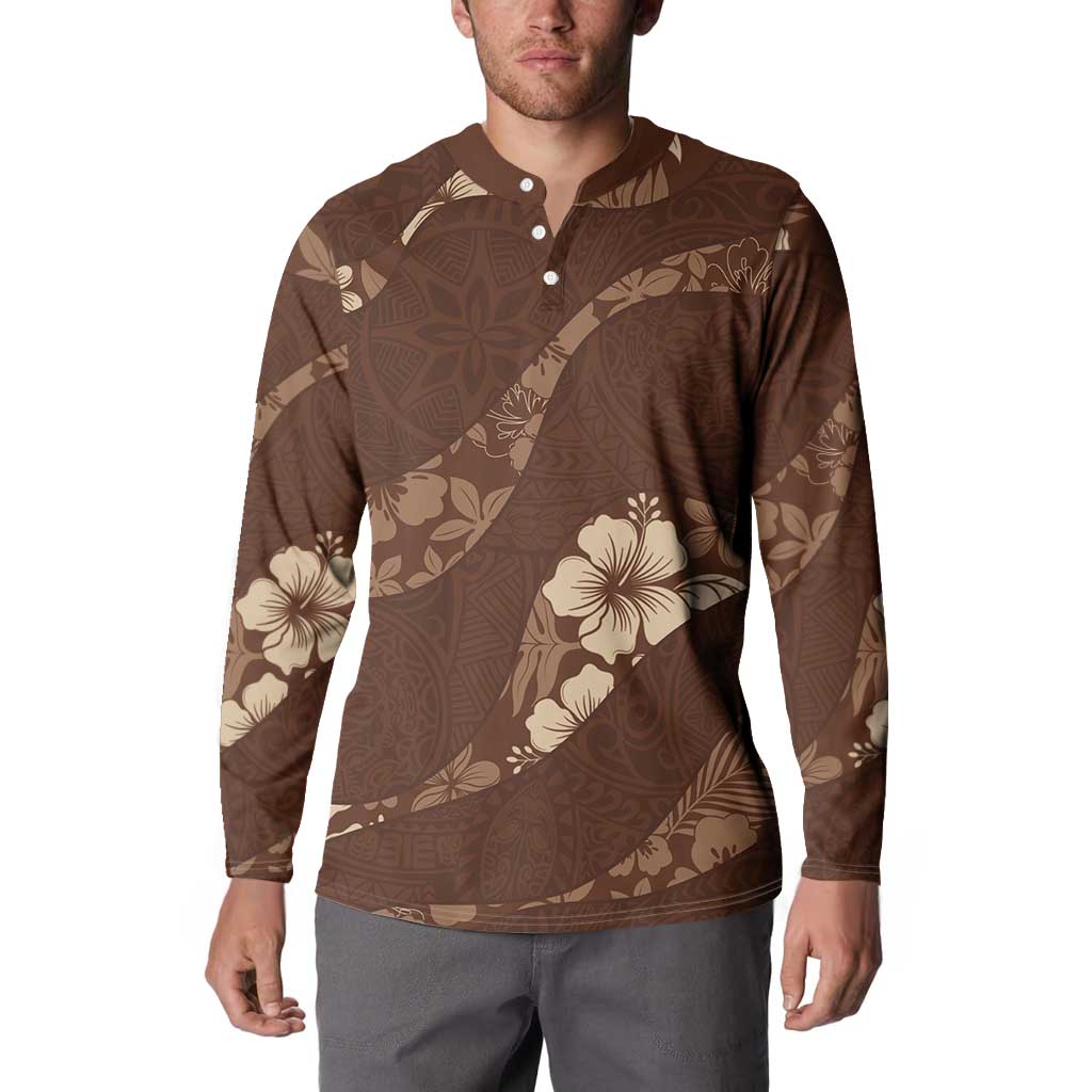 Aloha Hawaii Floral Tapa Button Sweatshirt Patchwork Mocha LT7 - Polynesian Pride