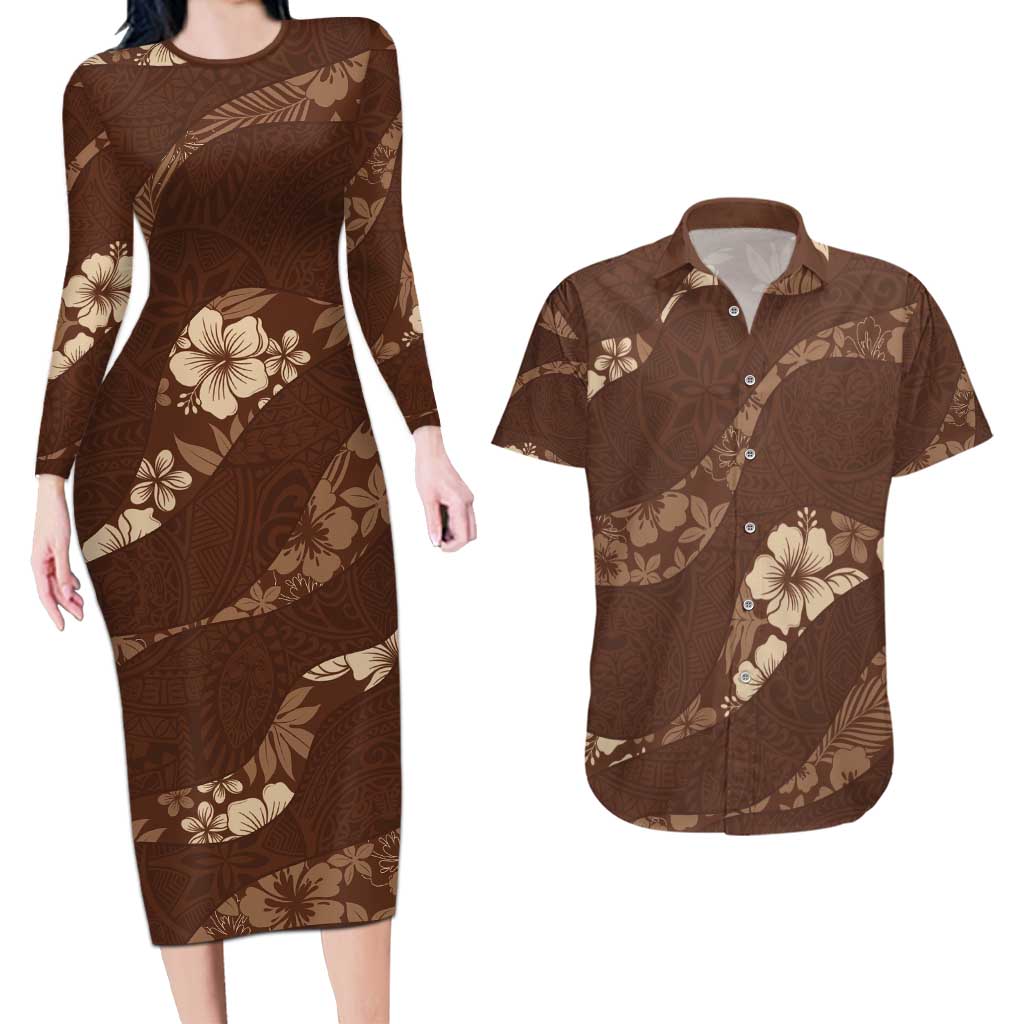 Aloha Hawaii Floral Tapa Couples Matching Long Sleeve Bodycon Dress and Hawaiian Shirt Patchwork Mocha - Polynesian Pride
