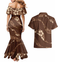 Aloha Hawaii Floral Tapa Couples Matching Mermaid Dress and Hawaiian Shirt Patchwork Mocha - Polynesian Pride