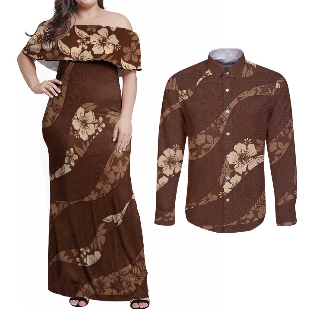 Aloha Hawaii Floral Tapa Couples Matching Off Shoulder Maxi Dress and Long Sleeve Button Shirt Patchwork Mocha - Polynesian Pride