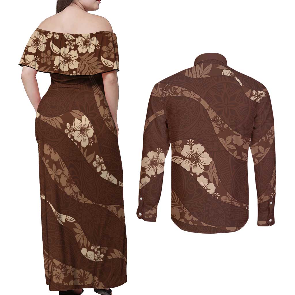Aloha Hawaii Floral Tapa Couples Matching Off Shoulder Maxi Dress and Long Sleeve Button Shirt Patchwork Mocha - Polynesian Pride