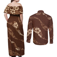Aloha Hawaii Floral Tapa Couples Matching Off Shoulder Maxi Dress and Long Sleeve Button Shirt Patchwork Mocha - Polynesian Pride