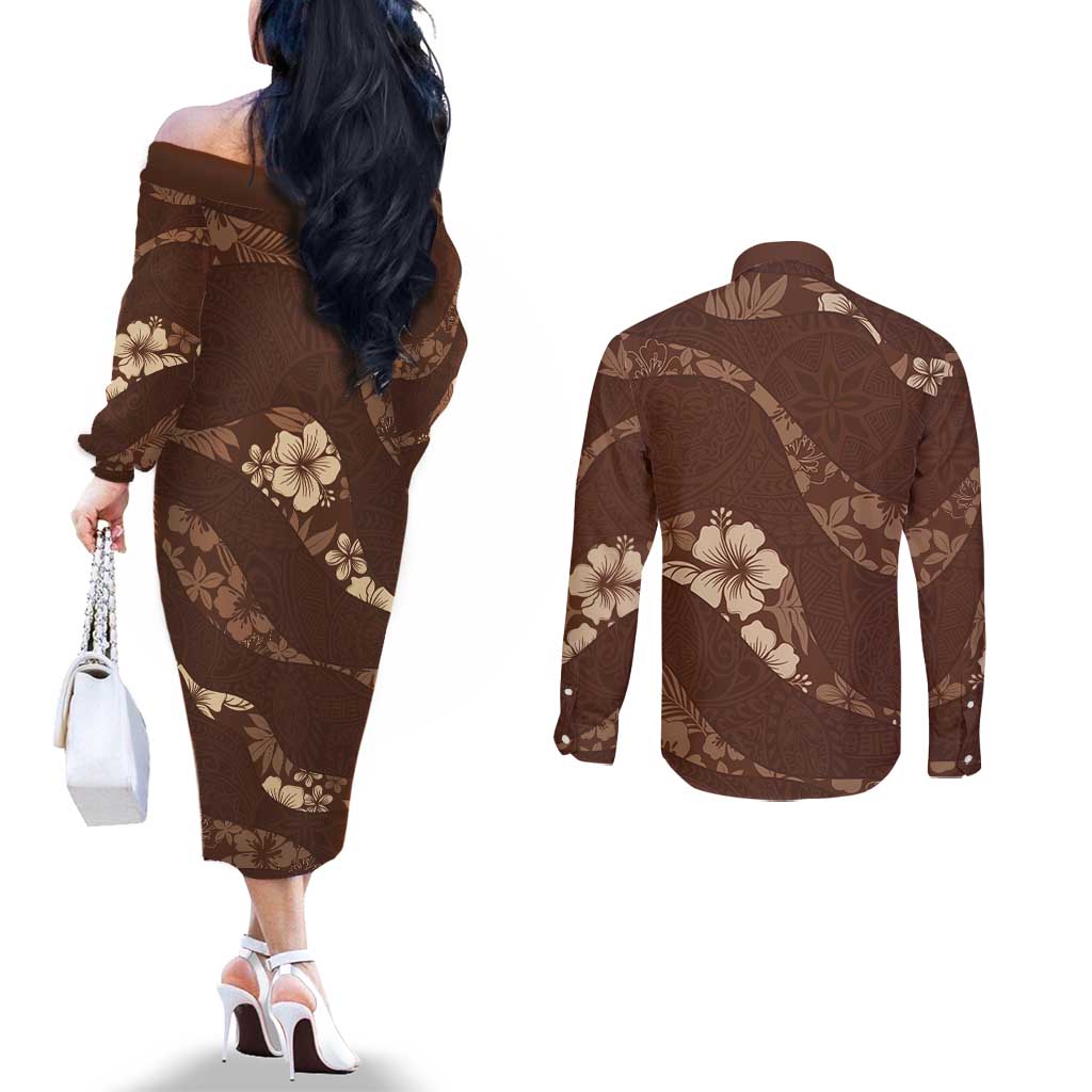 Aloha Hawaii Floral Tapa Couples Matching Off The Shoulder Long Sleeve Dress and Long Sleeve Button Shirt Patchwork Mocha - Polynesian Pride
