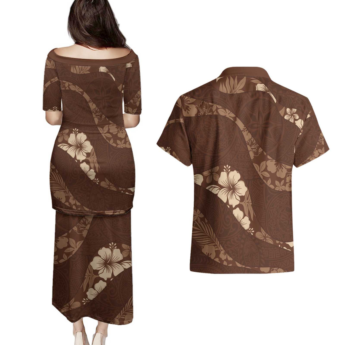 Aloha Hawaii Floral Tapa Couples Matching Puletasi and Hawaiian Shirt Patchwork Mocha LT7 - Polynesian Pride