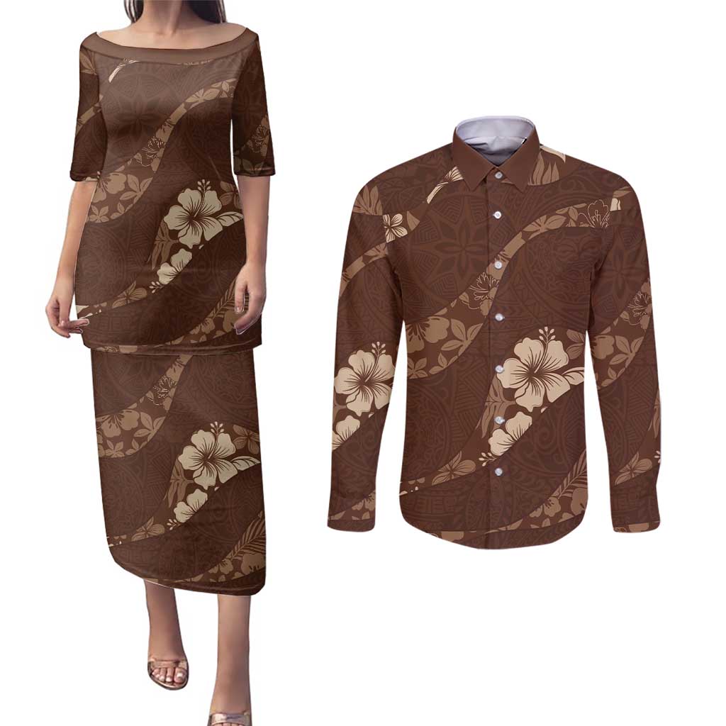 Aloha Hawaii Floral Tapa Couples Matching Puletasi and Long Sleeve Button Shirt Patchwork Mocha LT7 Mocha - Polynesian Pride