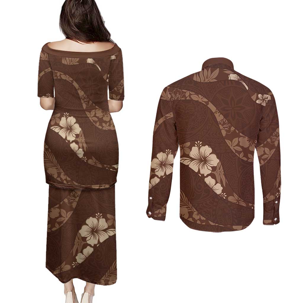Aloha Hawaii Floral Tapa Couples Matching Puletasi and Long Sleeve Button Shirt Patchwork Mocha LT7 - Polynesian Pride