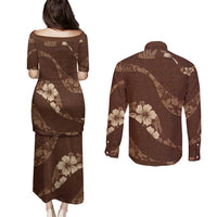 Aloha Hawaii Floral Tapa Couples Matching Puletasi and Long Sleeve Button Shirt Patchwork Mocha LT7 - Polynesian Pride