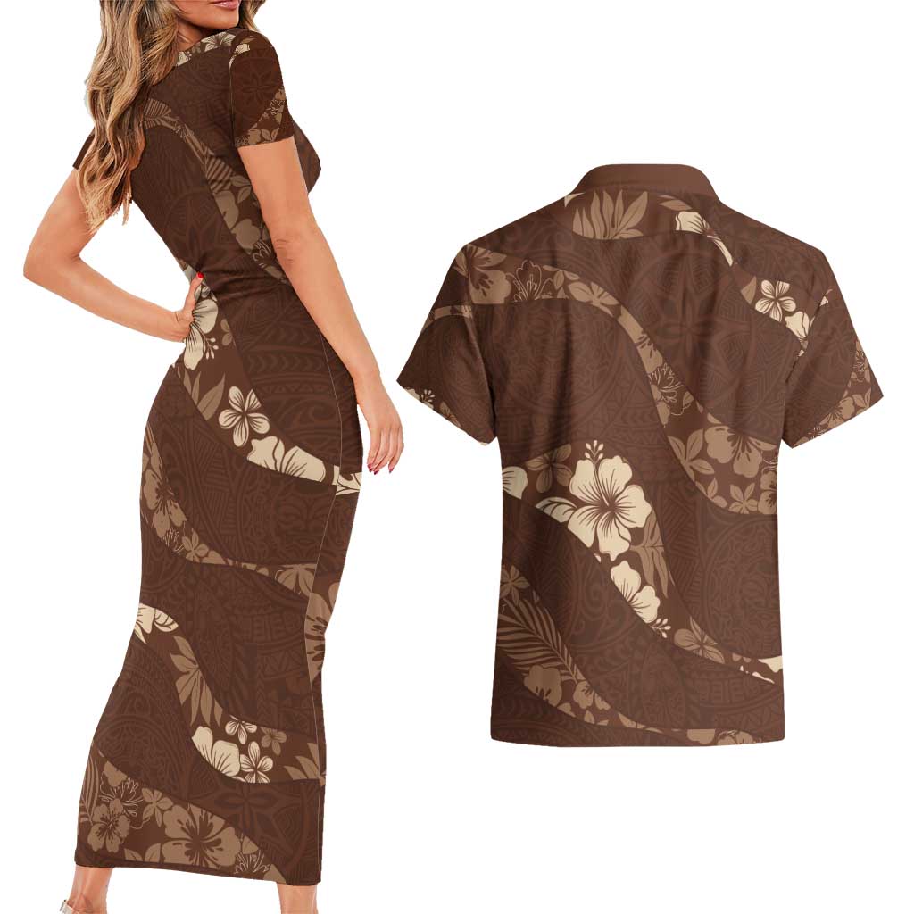 Aloha Hawaii Floral Tapa Couples Matching Short Sleeve Bodycon Dress and Hawaiian Shirt Patchwork Mocha - Polynesian Pride