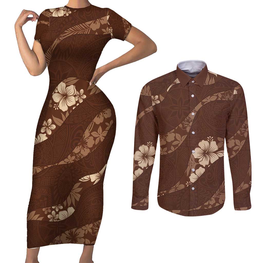 Aloha Hawaii Floral Tapa Couples Matching Short Sleeve Bodycon Dress and Long Sleeve Button Shirt Patchwork Mocha - Polynesian Pride