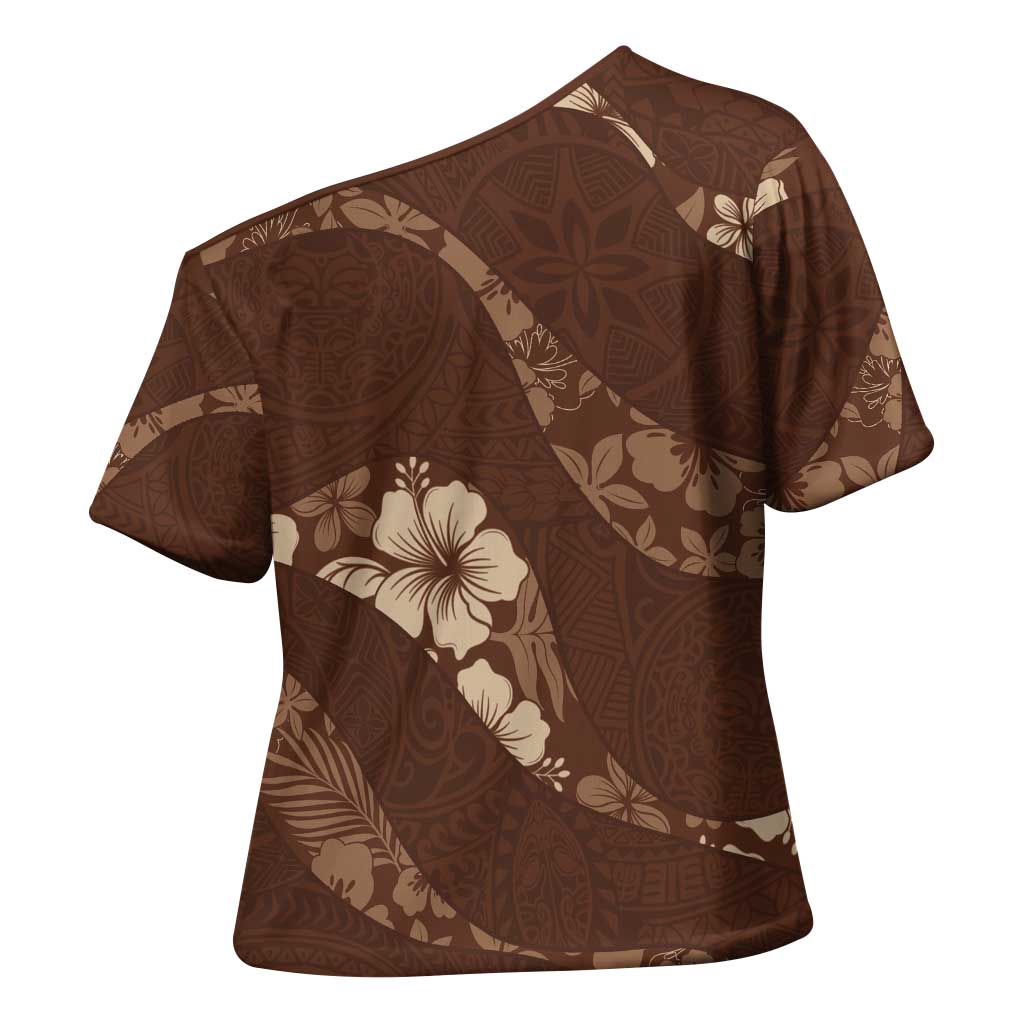 Aloha Hawaii Floral Tapa Cross Shoulder Shirt Patchwork Mocha LT7 - Polynesian Pride