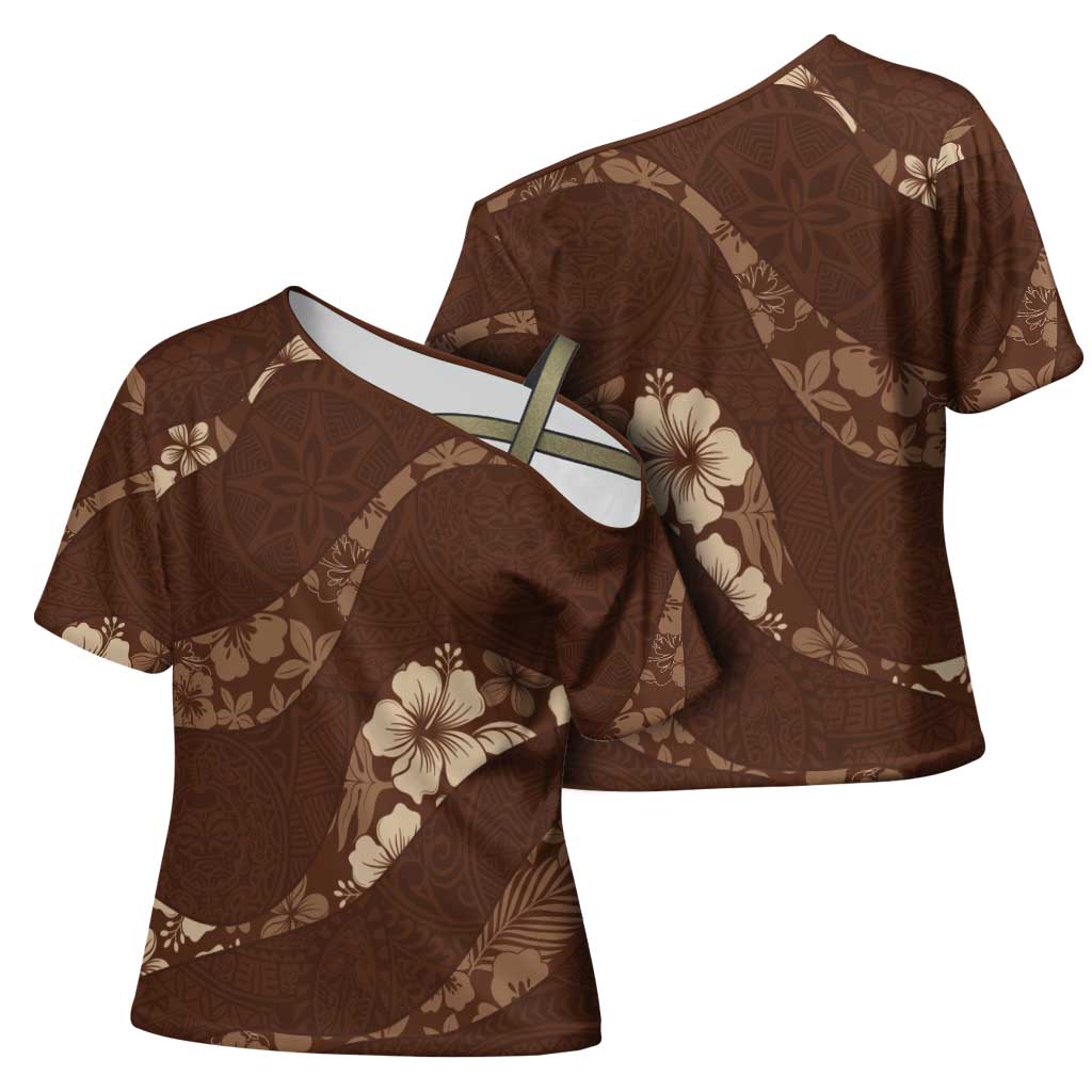 Aloha Hawaii Floral Tapa Cross Shoulder Shirt Patchwork Mocha LT7 - Polynesian Pride
