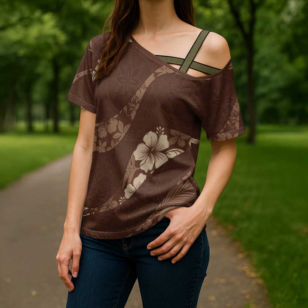 Aloha Hawaii Floral Tapa Cross Shoulder Shirt Patchwork Mocha LT7 - Polynesian Pride