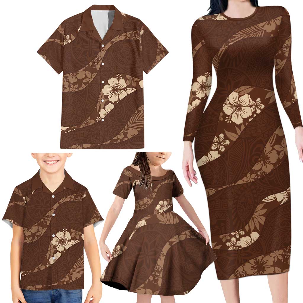 Aloha Hawaii Floral Tapa Family Matching Long Sleeve Bodycon Dress and Hawaiian Shirt Patchwork Mocha - Polynesian Pride