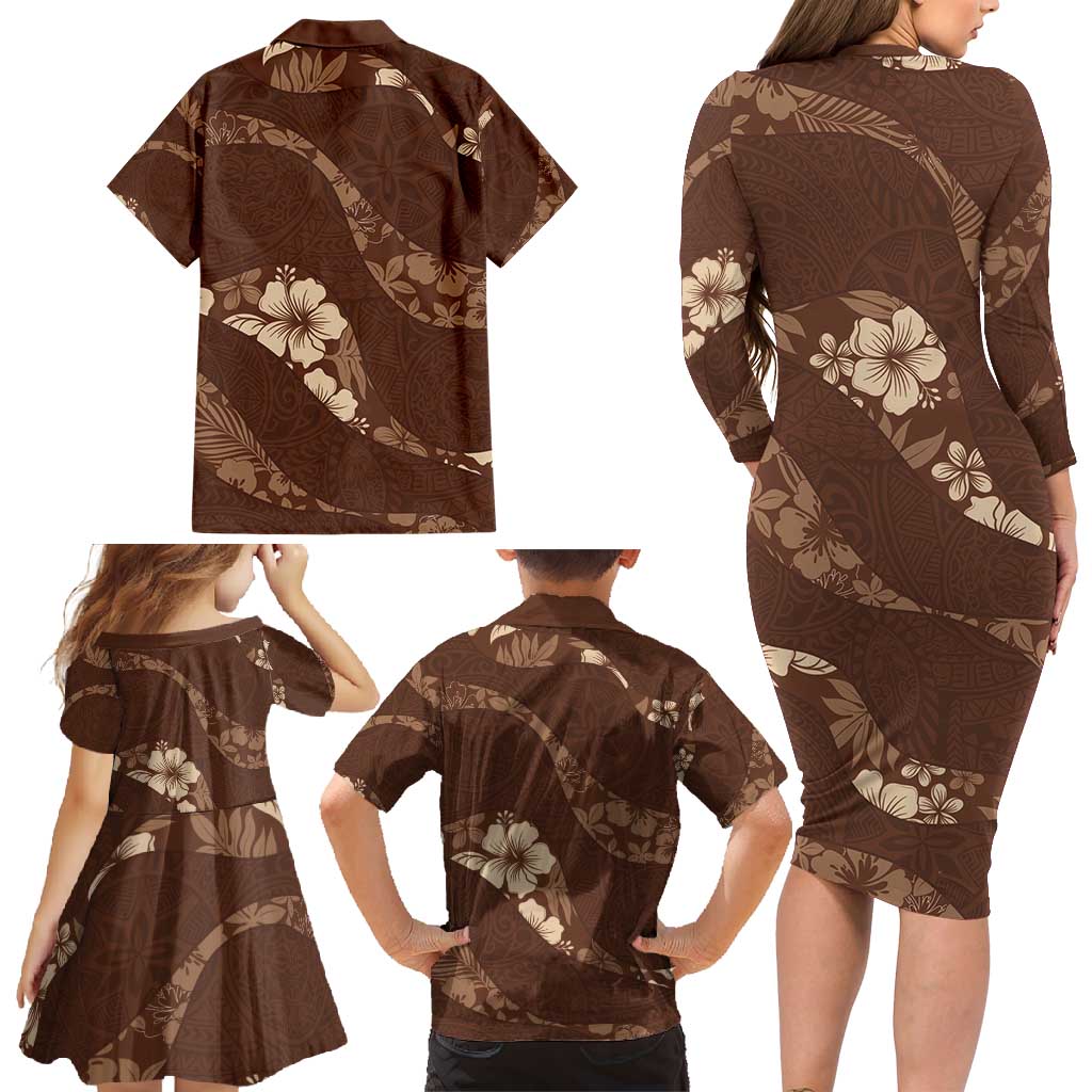 Aloha Hawaii Floral Tapa Family Matching Long Sleeve Bodycon Dress and Hawaiian Shirt Patchwork Mocha - Polynesian Pride