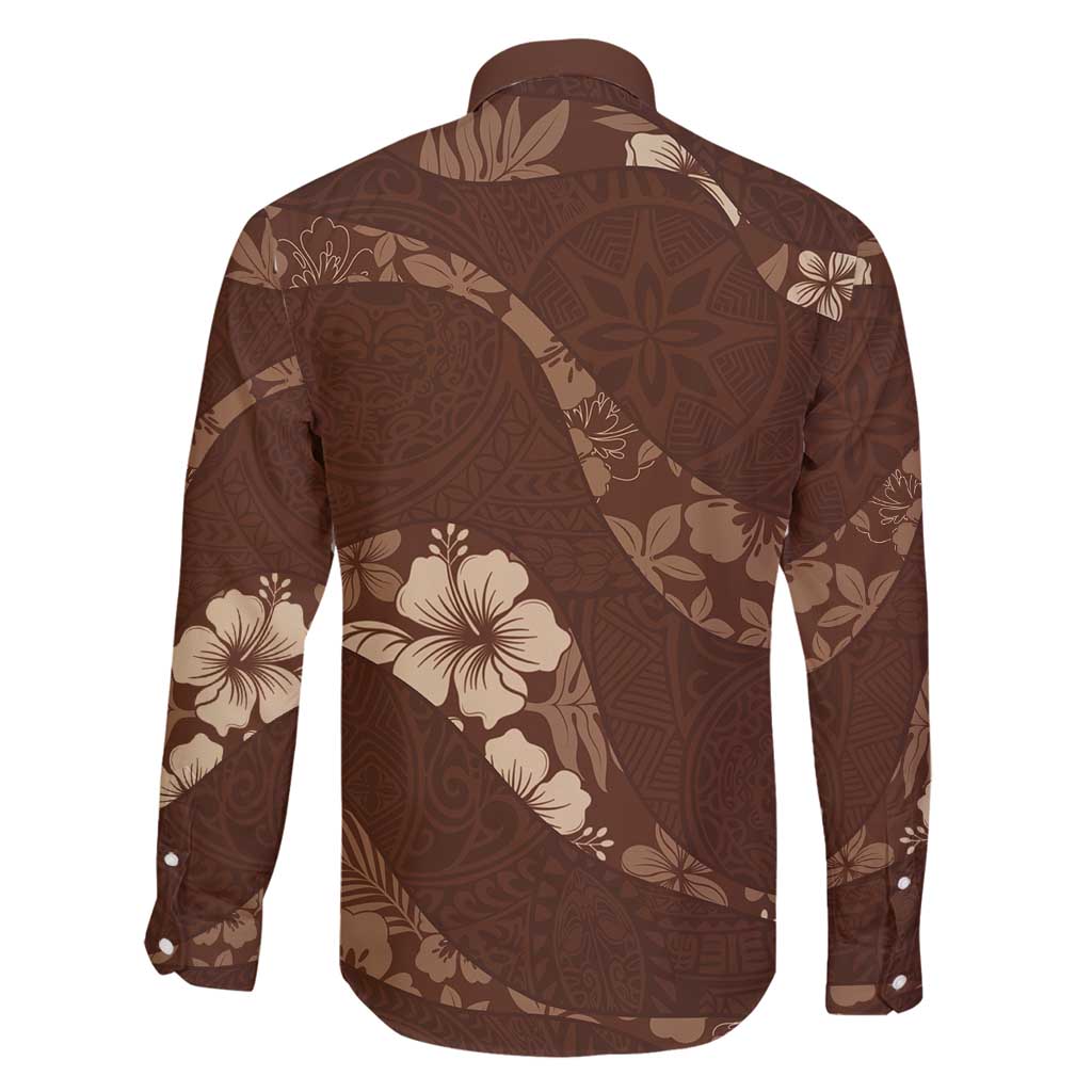 Aloha Hawaii Floral Tapa Family Matching Long Sleeve Bodycon Dress and Hawaiian Shirt Patchwork Mocha - Polynesian Pride