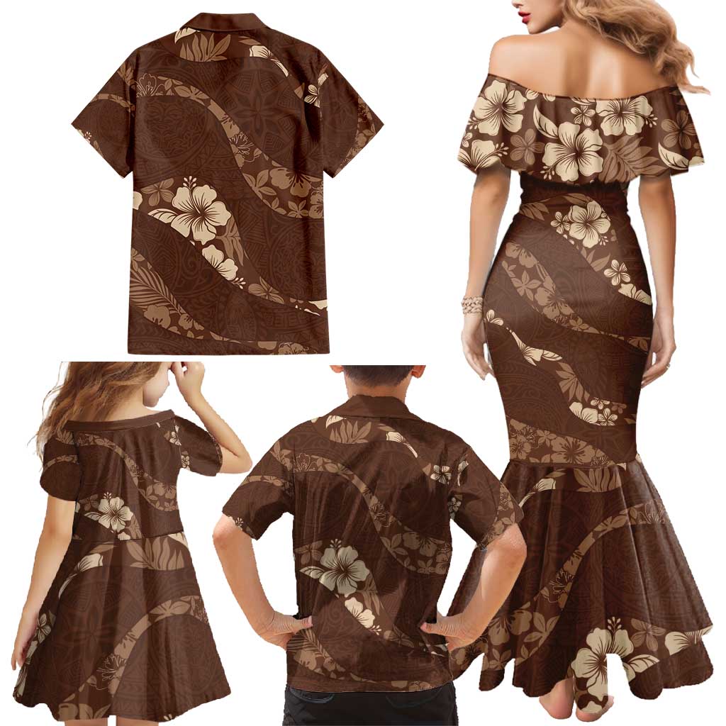 Aloha Hawaii Floral Tapa Family Matching Mermaid Dress and Hawaiian Shirt Patchwork Mocha - Polynesian Pride