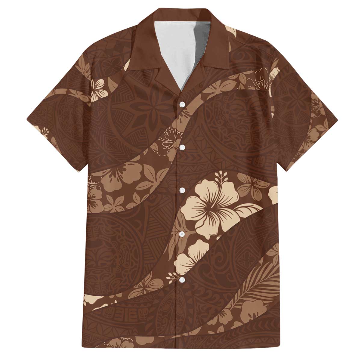 Aloha Hawaii Floral Tapa Family Matching Off The Shoulder Long Sleeve Dress and Hawaiian Shirt Patchwork Mocha - Polynesian Pride