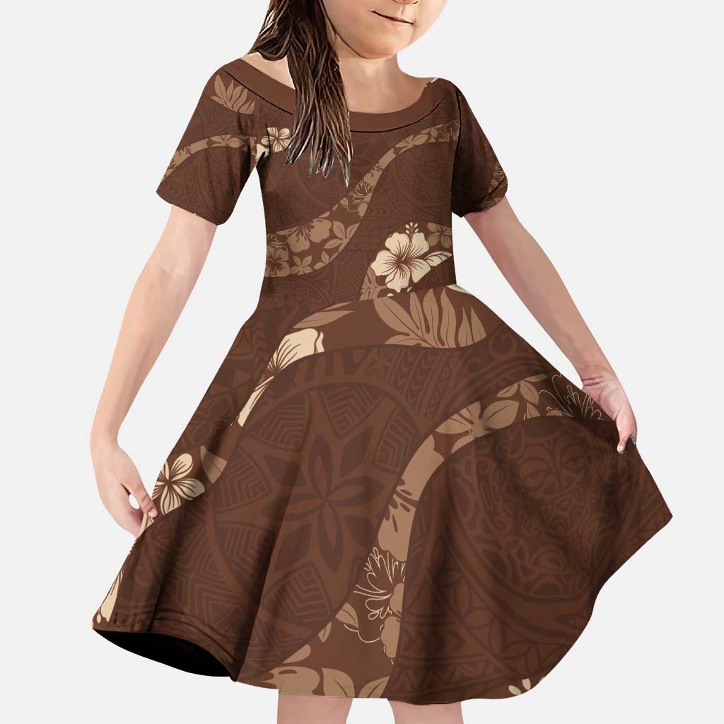 Aloha Hawaii Floral Tapa Family Matching Puletasi and Hawaiian Shirt Patchwork Mocha LT7 Daughter's Dress Mocha - Polynesian Pride
