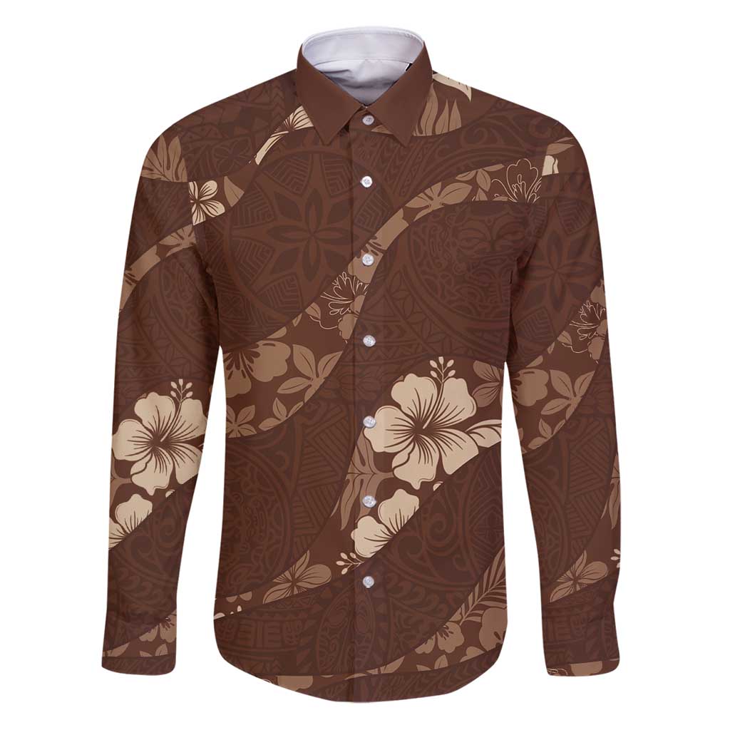 Aloha Hawaii Floral Tapa Family Matching Puletasi and Hawaiian Shirt Patchwork Mocha LT7 Dad's Shirt - Long Sleeve Mocha - Polynesian Pride
