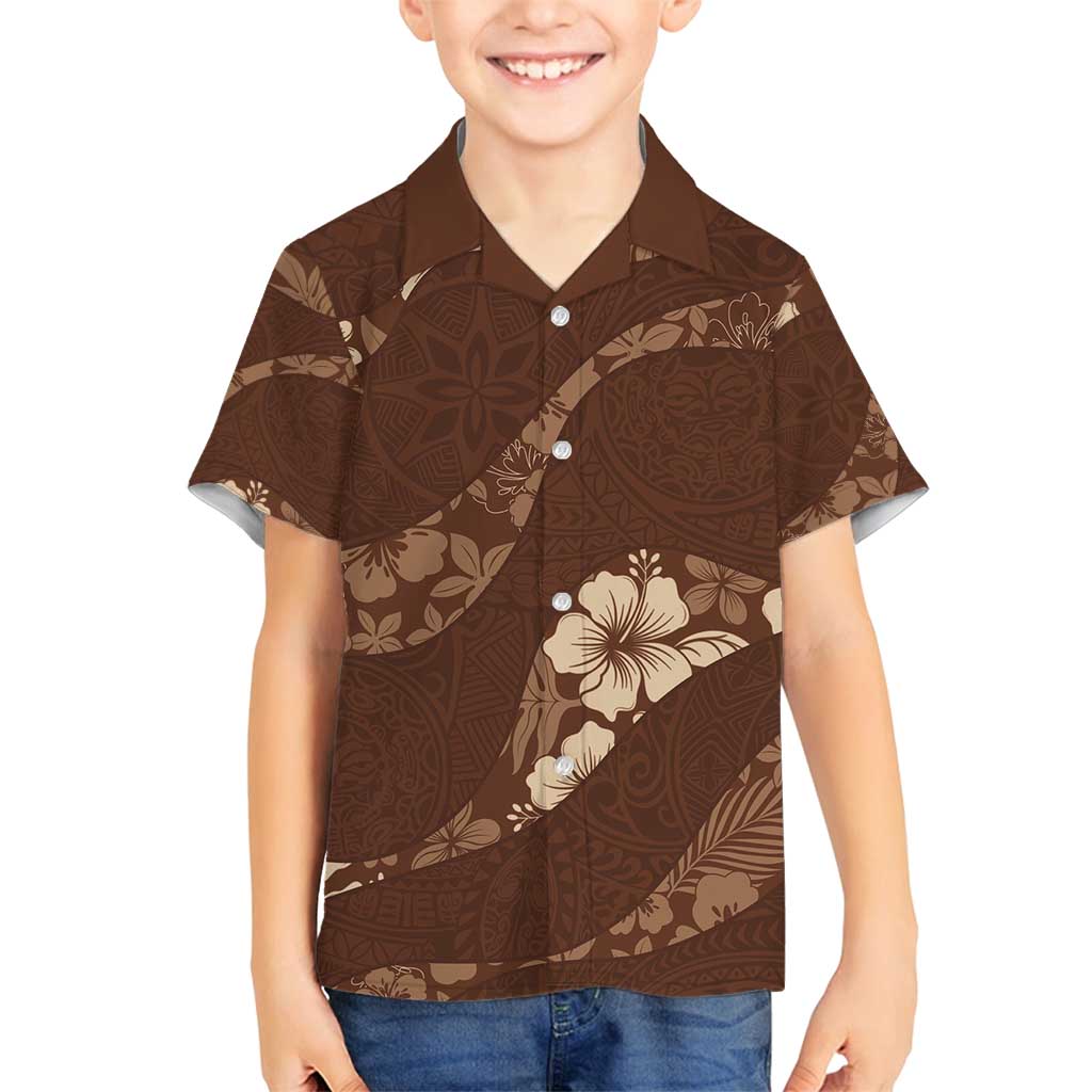 Aloha Hawaii Floral Tapa Family Matching Puletasi and Hawaiian Shirt Patchwork Mocha LT7 Son's Shirt Mocha - Polynesian Pride