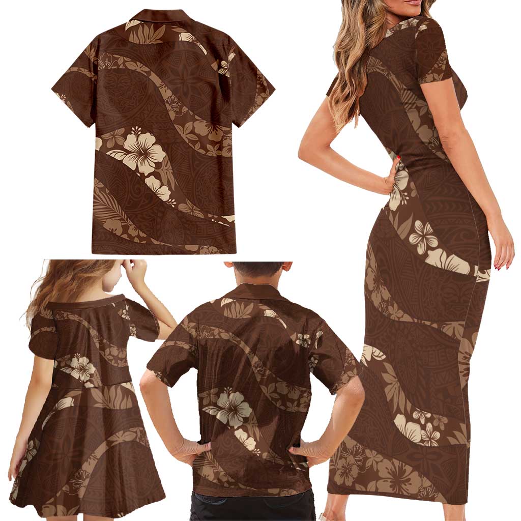 Aloha Hawaii Floral Tapa Family Matching Short Sleeve Bodycon Dress and Hawaiian Shirt Patchwork Mocha - Polynesian Pride