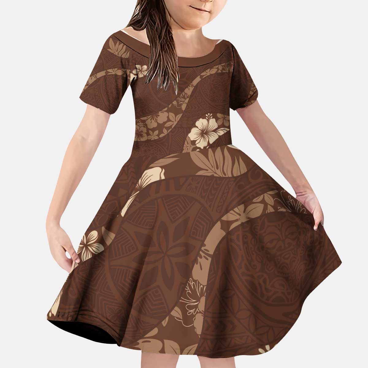 Aloha Hawaii Floral Tapa Kid Short Sleeve Dress Patchwork Mocha - Polynesian Pride