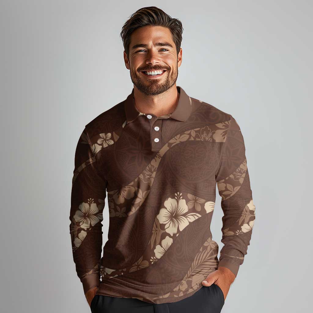 Aloha Hawaii Floral Tapa Long Sleeve Polo Shirt Patchwork Mocha LT7 - Polynesian Pride
