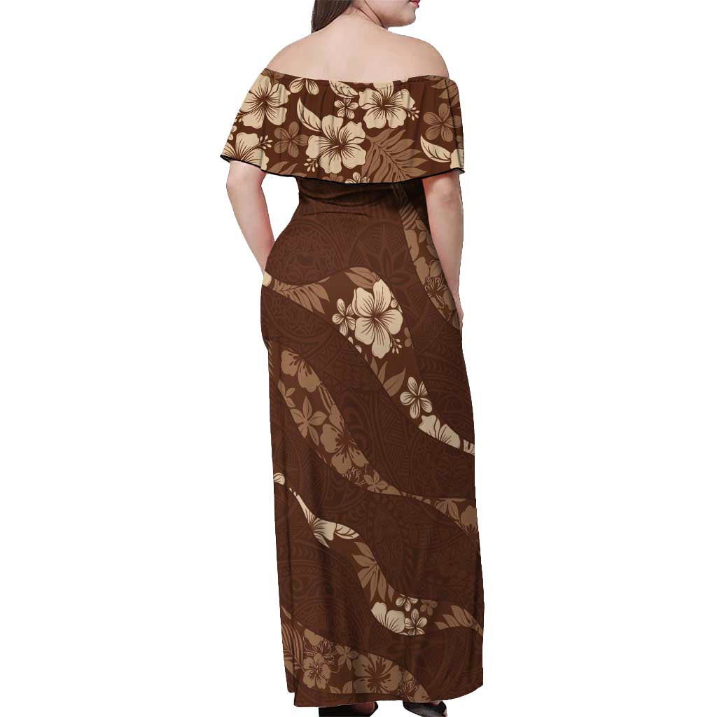Aloha Hawaii Floral Tapa Off Shoulder Maxi Dress Patchwork Mocha - Polynesian Pride