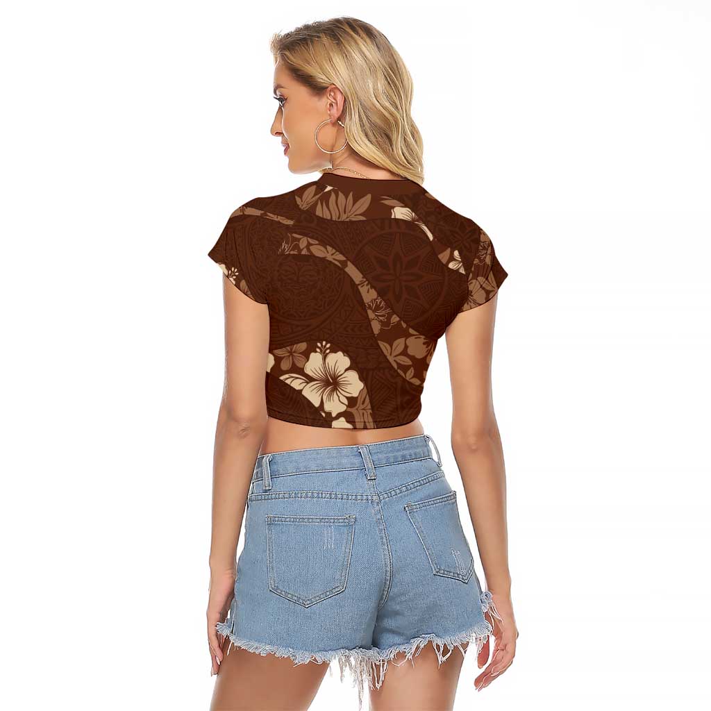 Aloha Hawaii Floral Tapa Raglan Cropped T Shirt Patchwork Mocha - Polynesian Pride