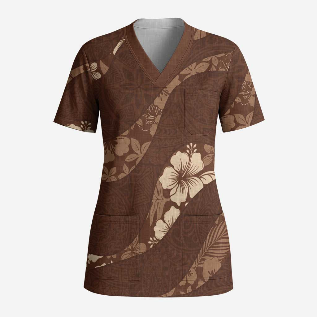 Aloha Hawaii Floral Tapa Scrub Top Patchwork Mocha - Polynesian Pride