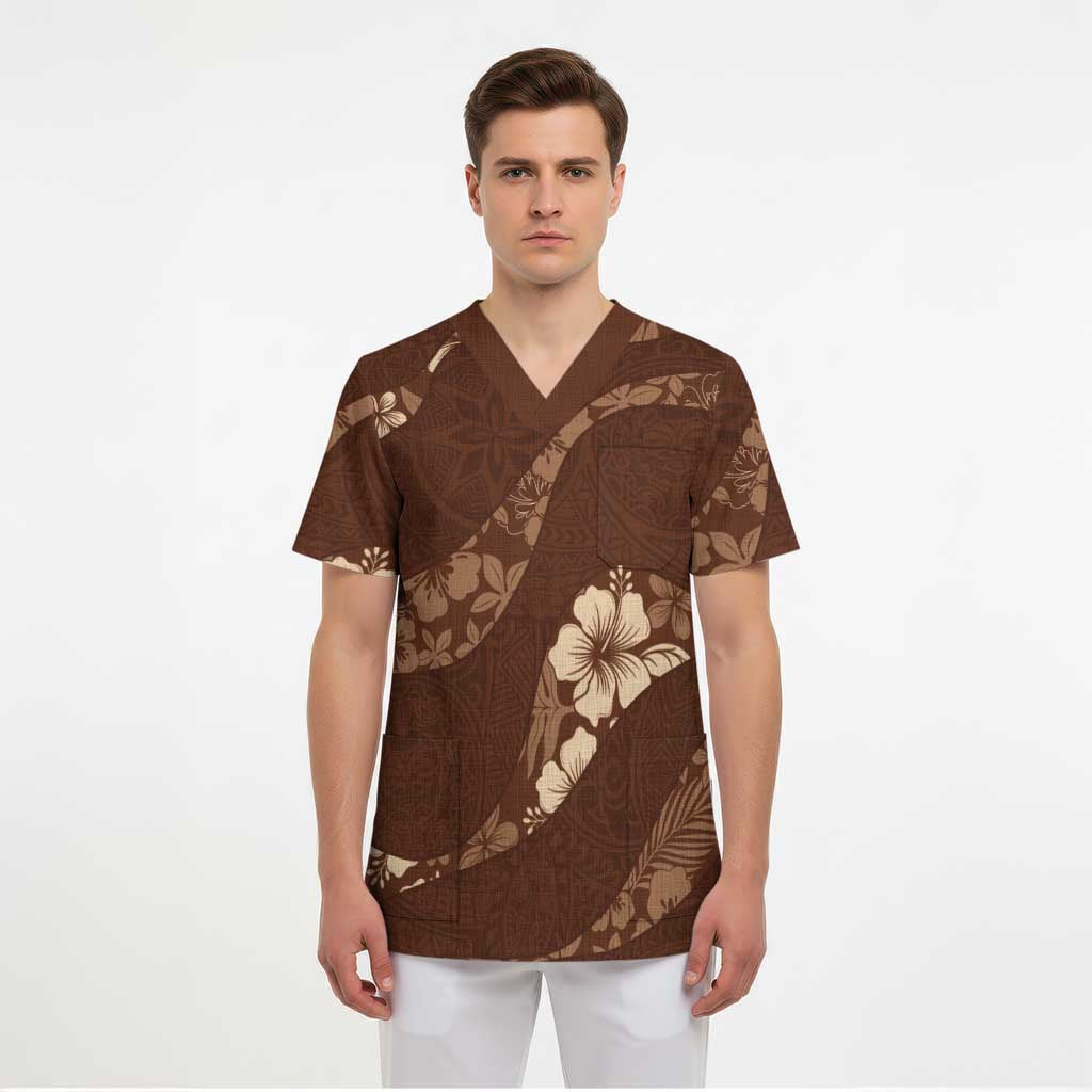Aloha Hawaii Floral Tapa Scrub Top Patchwork Mocha - Polynesian Pride
