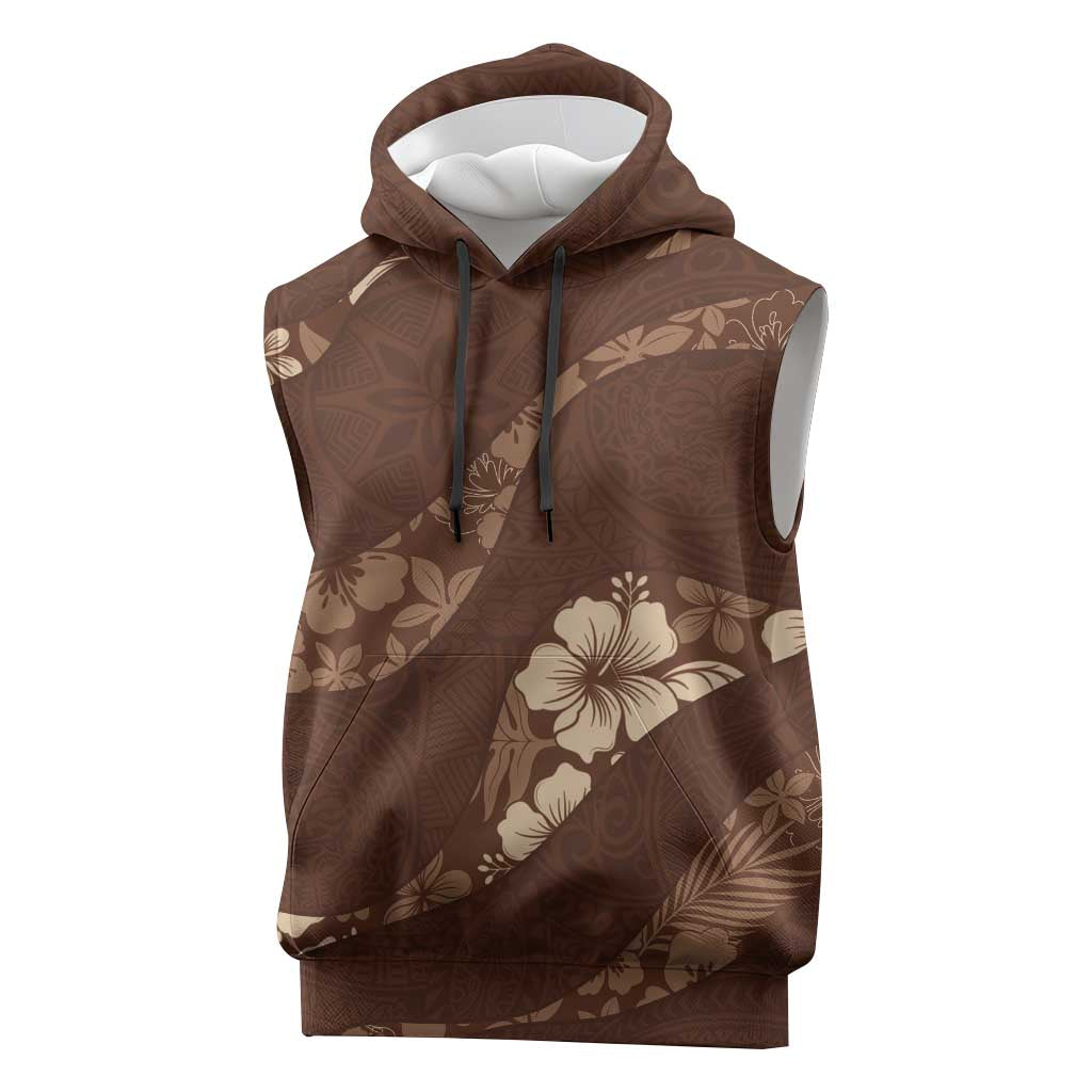 Aloha Hawaii Floral Tapa Sleeveless Hoodie Patchwork Mocha LT7 Mocha - Polynesian Pride