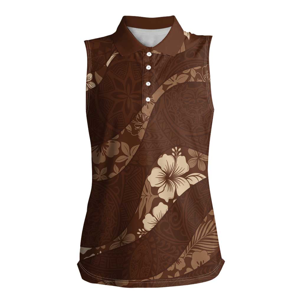 Aloha Hawaii Floral Tapa Women Sleeveless Polo Shirt Patchwork Mocha LT7 Female Mocha - Polynesian Pride
