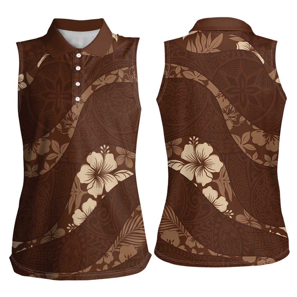 Aloha Hawaii Floral Tapa Women Sleeveless Polo Shirt Patchwork Mocha LT7 - Polynesian Pride
