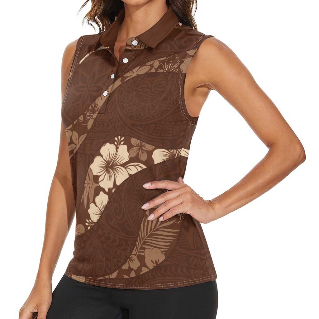 Aloha Hawaii Floral Tapa Women Sleeveless Polo Shirt Patchwork Mocha LT7 - Polynesian Pride