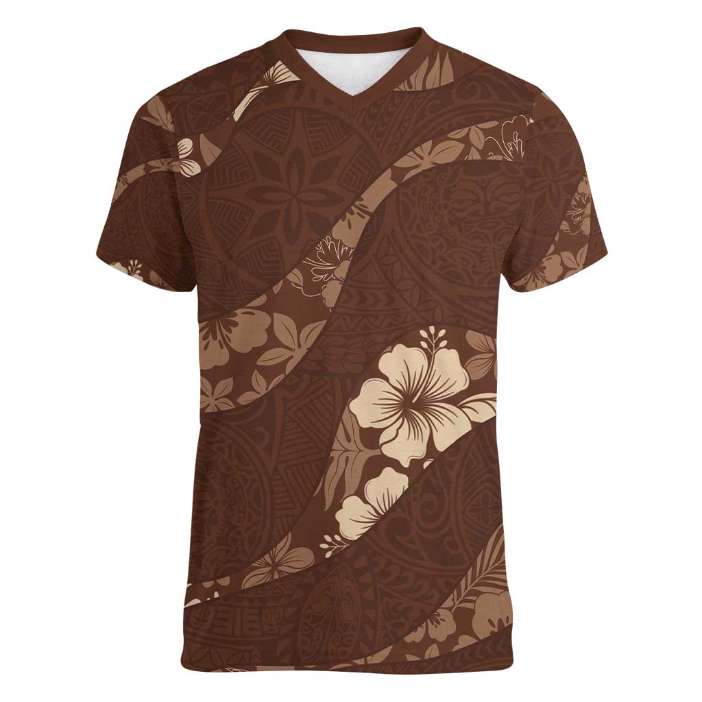 Aloha Hawaii Floral Tapa Women V-Neck T-Shirt Patchwork Mocha - Polynesian Pride