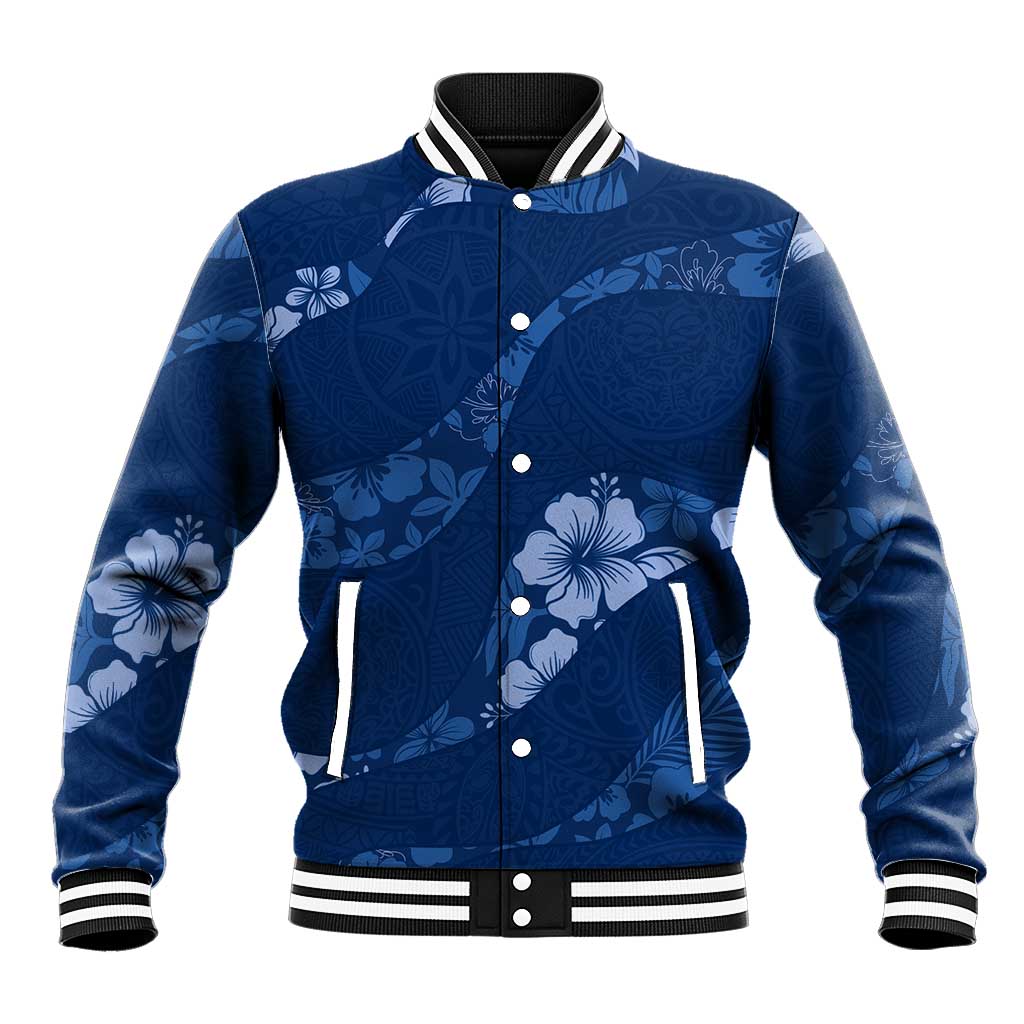 Aloha Hawaii Floral Tapa Baseball Jacket Patchwork Navy LT7 Unisex Navy - Polynesian Pride