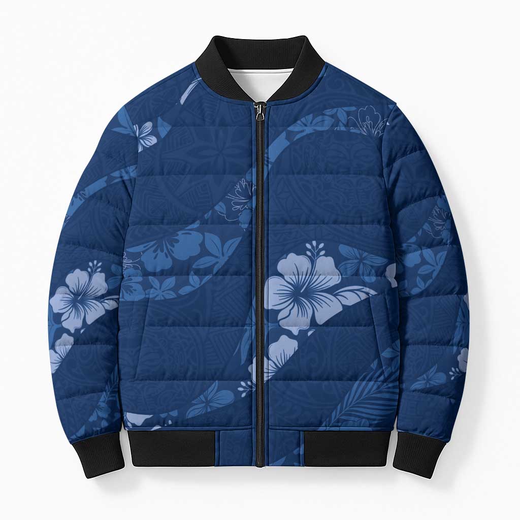 Aloha Hawaii Floral Tapa Bomber Puffer Jacket Patchwork Navy LT7 Unisex Navy - Polynesian Pride