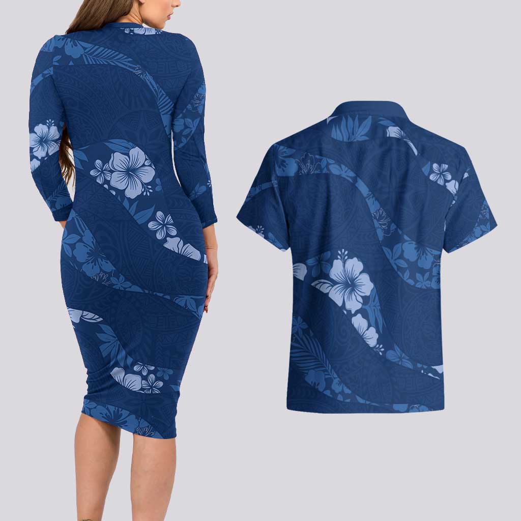 Aloha Hawaii Floral Tapa Couples Matching Long Sleeve Bodycon Dress and Hawaiian Shirt Patchwork Navy - Polynesian Pride