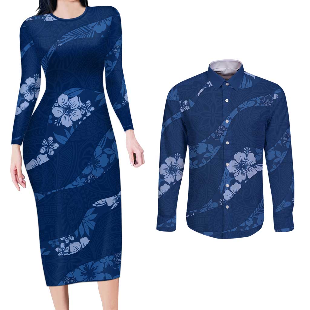 Aloha Hawaii Floral Tapa Couples Matching Long Sleeve Bodycon Dress and Long Sleeve Button Shirt Patchwork Navy - Polynesian Pride