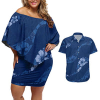 Aloha Hawaii Floral Tapa Couples Matching Off Shoulder Short Dress and Hawaiian Shirt Patchwork Navy - Polynesian Pride