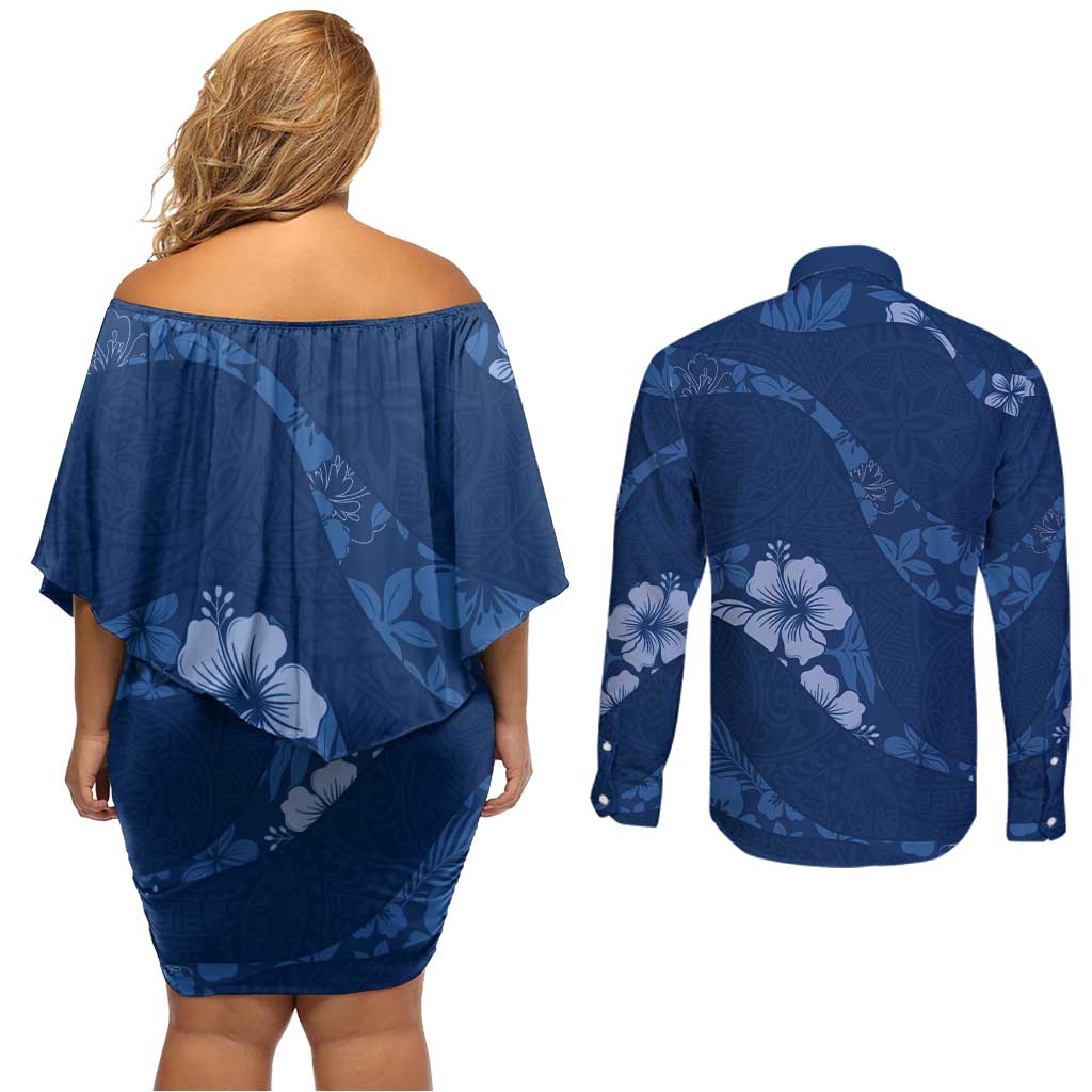 Aloha Hawaii Floral Tapa Couples Matching Off Shoulder Short Dress and Long Sleeve Button Shirt Patchwork Navy - Polynesian Pride