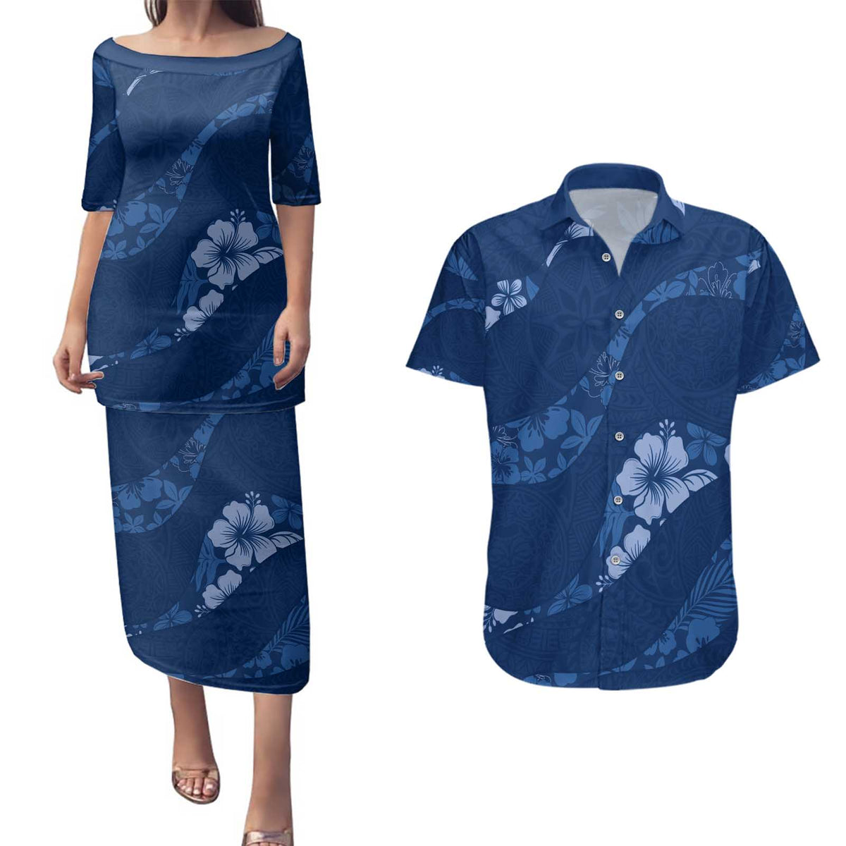 Aloha Hawaii Floral Tapa Couples Matching Puletasi and Hawaiian Shirt Patchwork Navy LT7 Navy - Polynesian Pride