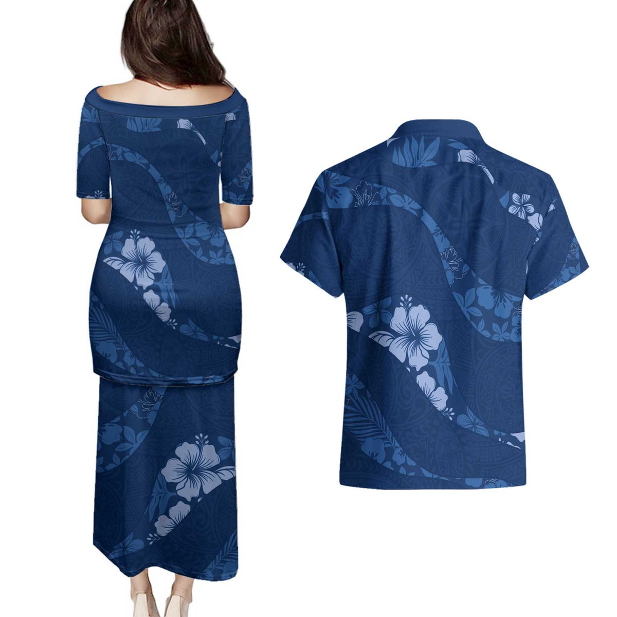Aloha Hawaii Floral Tapa Couples Matching Puletasi and Hawaiian Shirt Patchwork Navy LT7 - Polynesian Pride