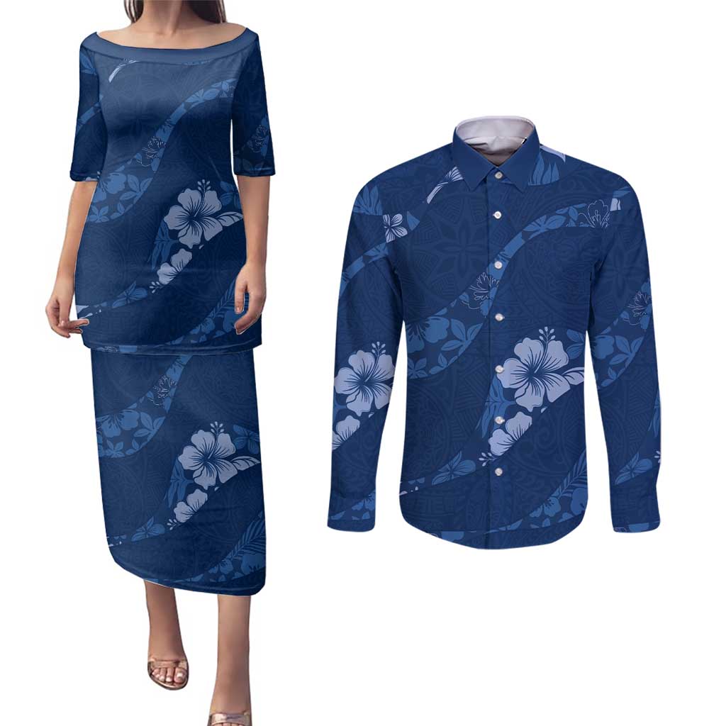 Aloha Hawaii Floral Tapa Couples Matching Puletasi and Long Sleeve Button Shirt Patchwork Navy LT7 Navy - Polynesian Pride