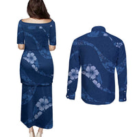 Aloha Hawaii Floral Tapa Couples Matching Puletasi and Long Sleeve Button Shirt Patchwork Navy LT7 - Polynesian Pride