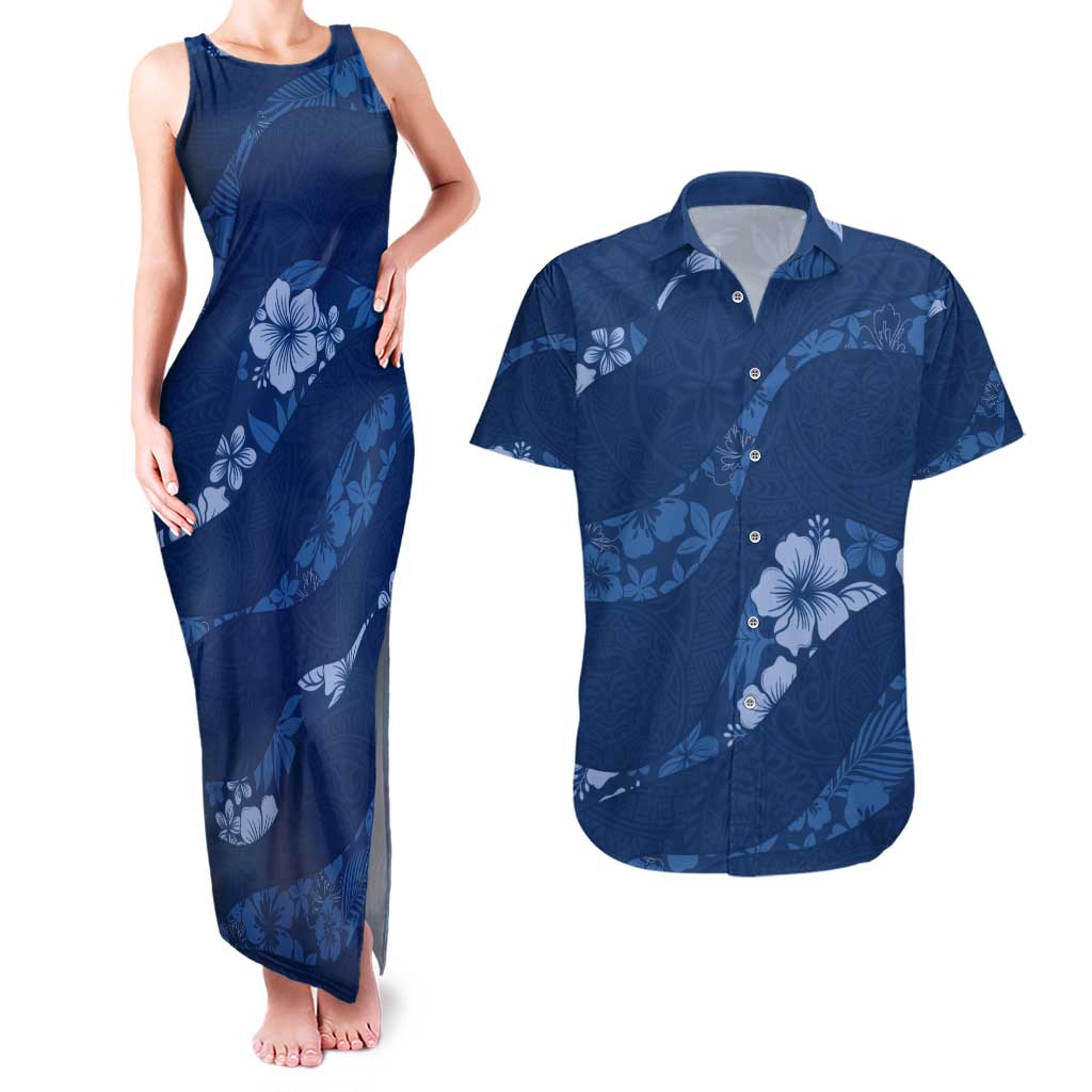 Aloha Hawaii Floral Tapa Couples Matching Tank Maxi Dress and Hawaiian Shirt Patchwork Navy - Polynesian Pride