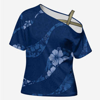 Aloha Hawaii Floral Tapa Cross Shoulder Shirt Patchwork Navy LT7 Female Navy - Polynesian Pride